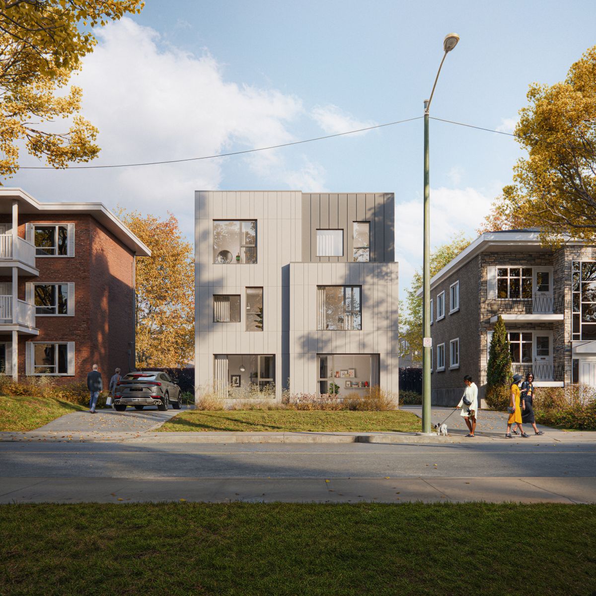 Rendu 3D d’un immeuble résidentiel moderne de trois étages doté d’une façade gris clair élégante qui s’intègre parfaitement dans un quartier très arboré. 
